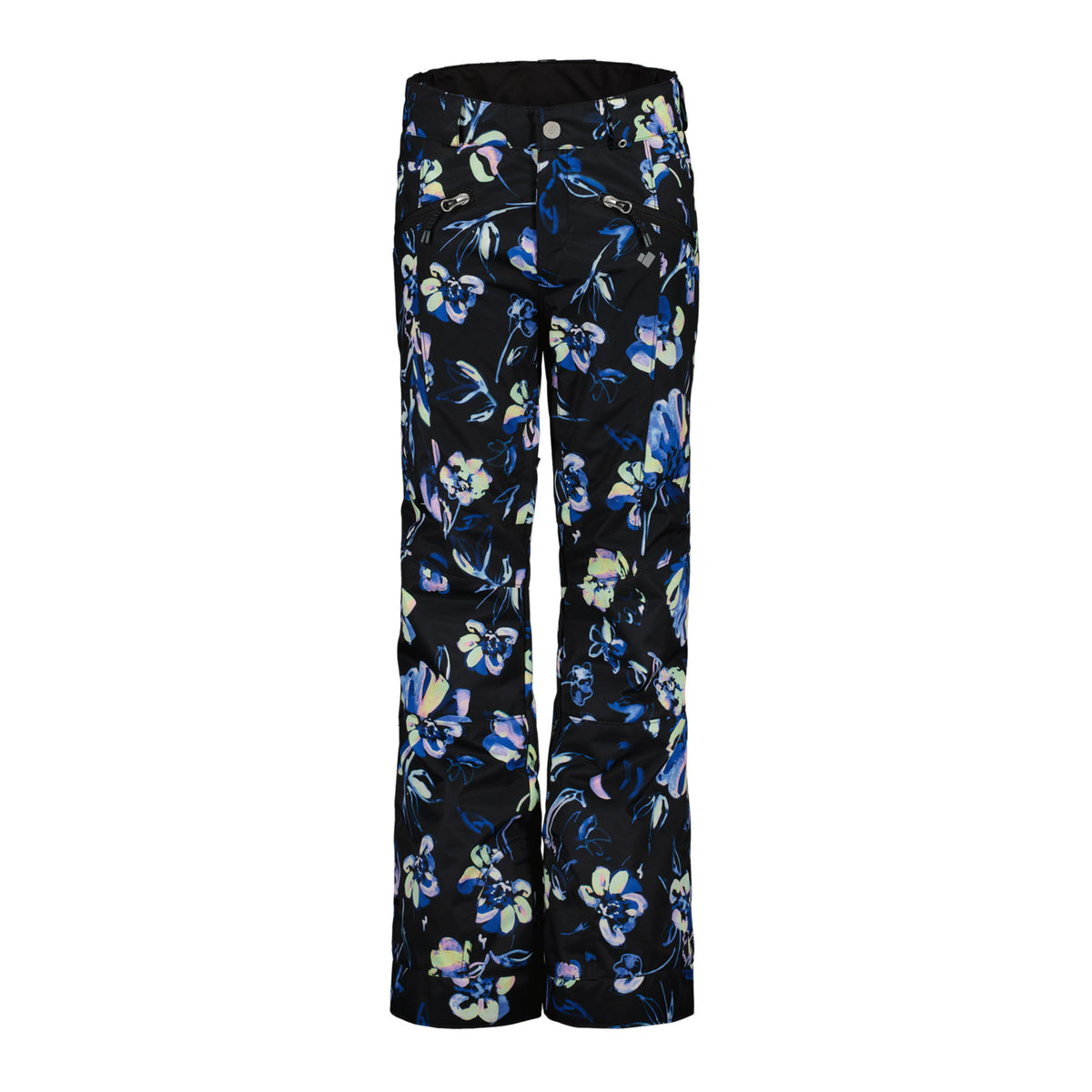 Hero image featuring the Obermeyer Jessi Print Pant in black with tropical colored flowers.