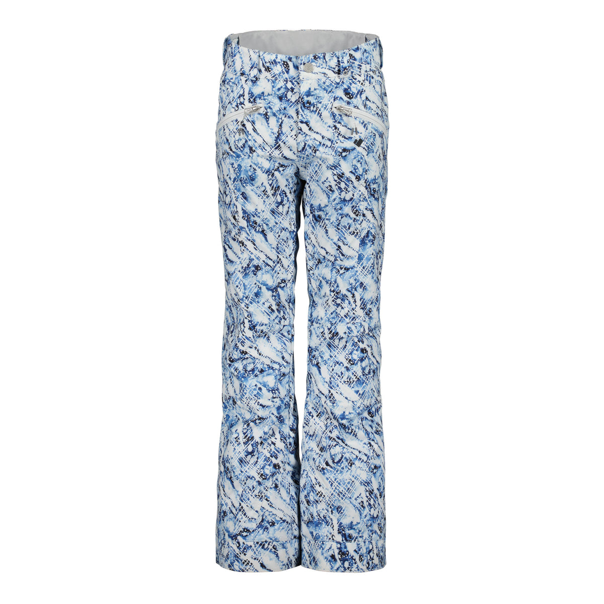 Hero image featuring the front of the Obermeyer Jessi Print Pants in verglas light blue and white.