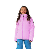 Hero image featuring a female model wearing the Obermeyer Leia Jacket in fairytale light purple with blue ski pants.