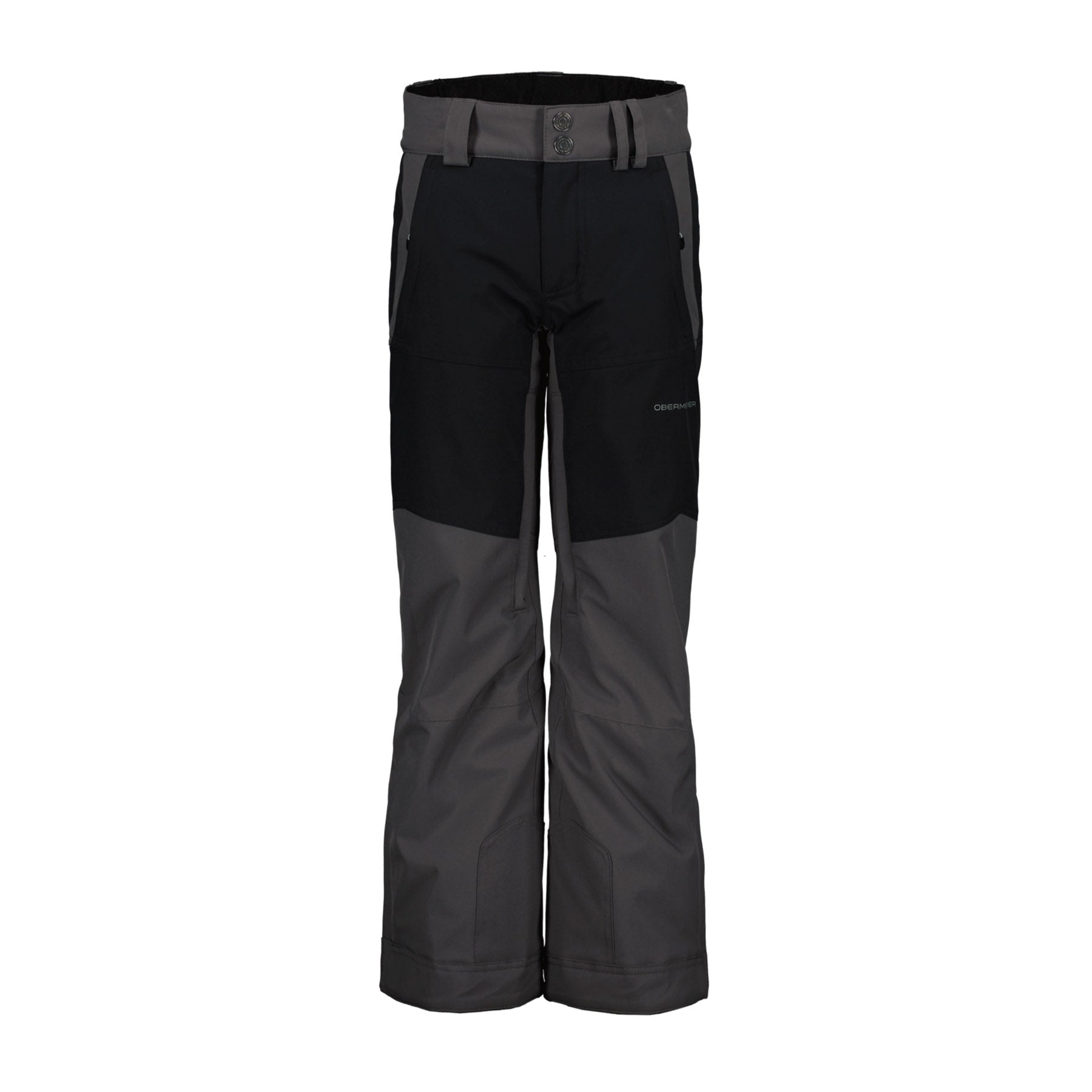 Hero image featuring the front of the Obermeyer kids Parker Pant in coal with black front panels above the knee.