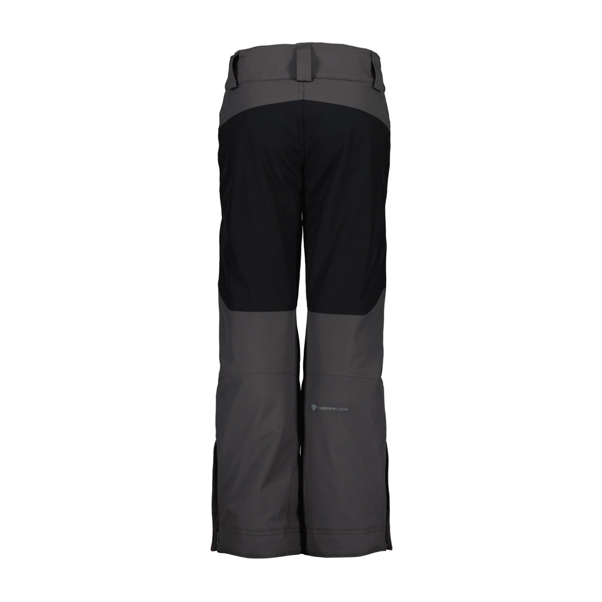 Image features the back of the Obermeyer kids Parker Pant in coal with black panels above the knees.