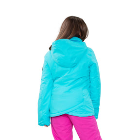 Image features the back of a female model wearing the Obermeyer girls Rylee Jacket in Colorado Sky blue with bright pink ski pants.