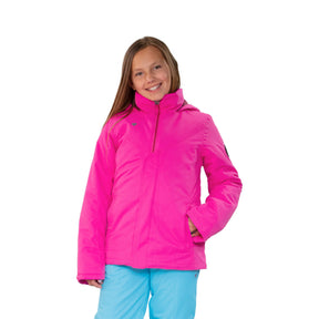 Image features a female model wearing the Obermeyer girls Rylee jacket in love potion bright pink with sky blue ski pants.