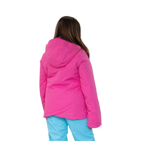 Image feautres the back of female model wearing the Obermeyer girls Rylee Jacket in love potion bright pink with sky blue ski pants.