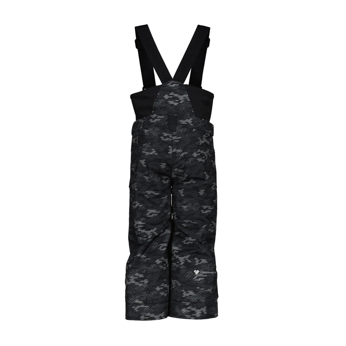 Image features the back of the Obermeyer kids Warp Pant in black camo.