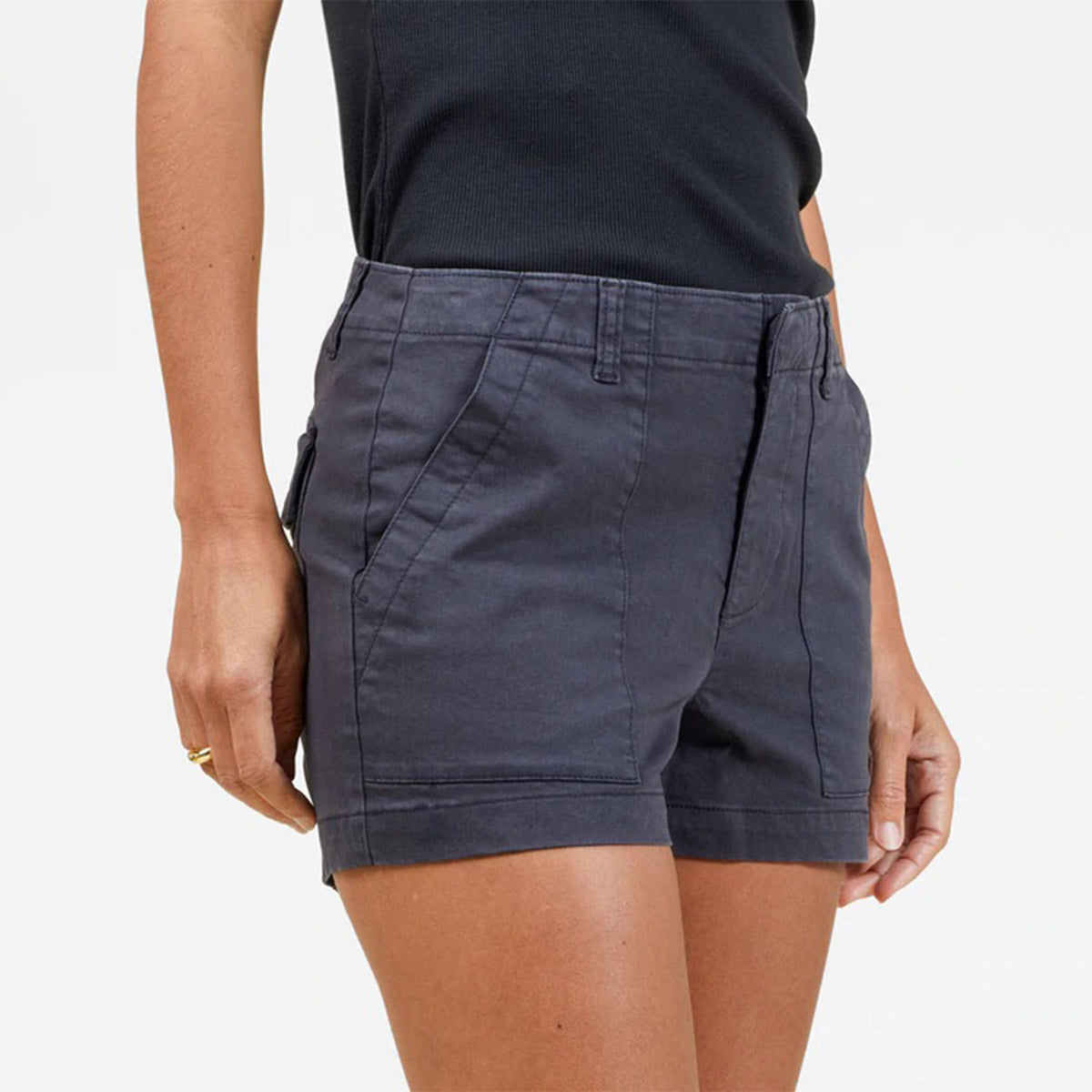 Hero image featuring the front of the Outerknown Women's Emory shorts in black