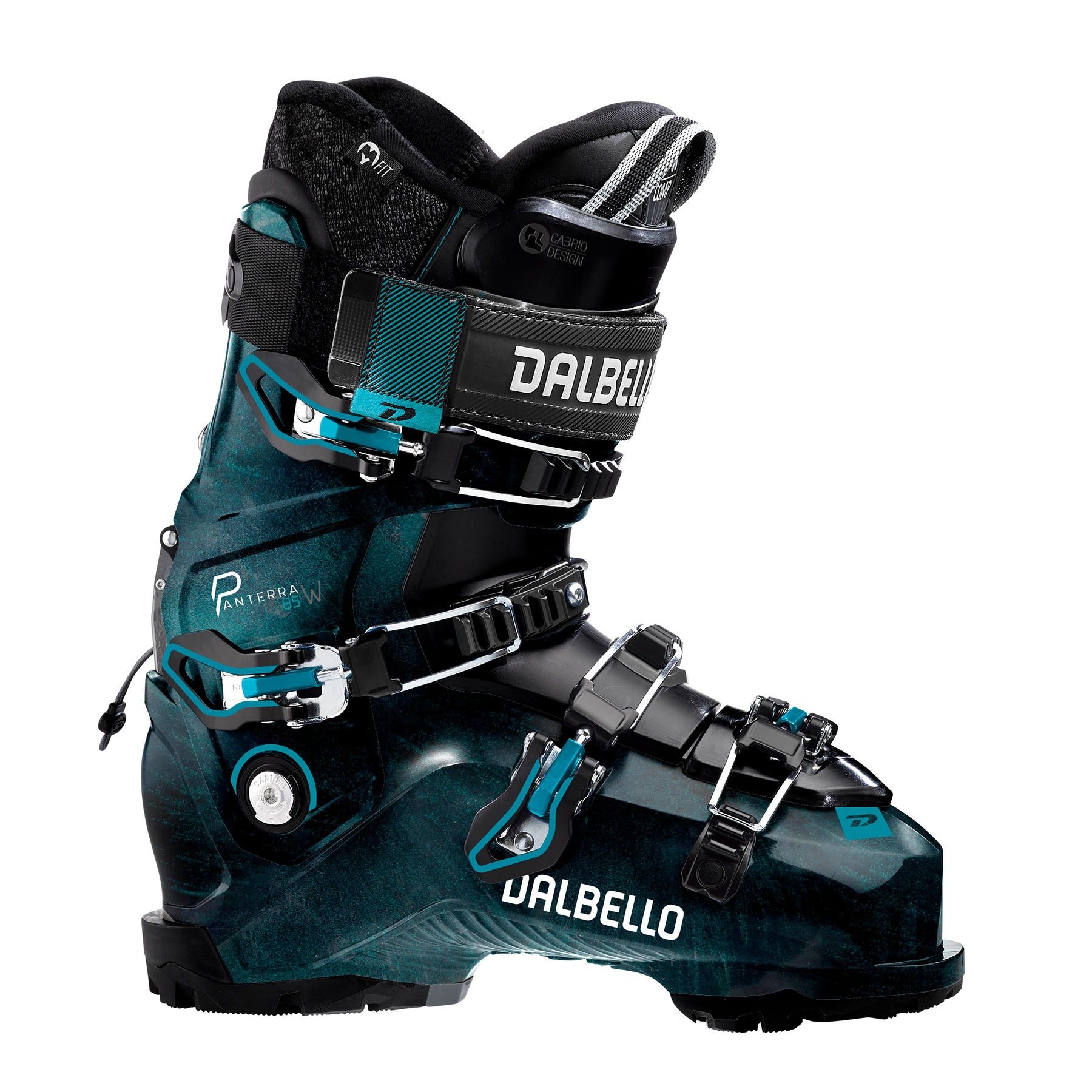 Hero image featuring a side angle shot of the Dalbello Panterra 85 Women's ski boot in black with opal highlights and silver trim.