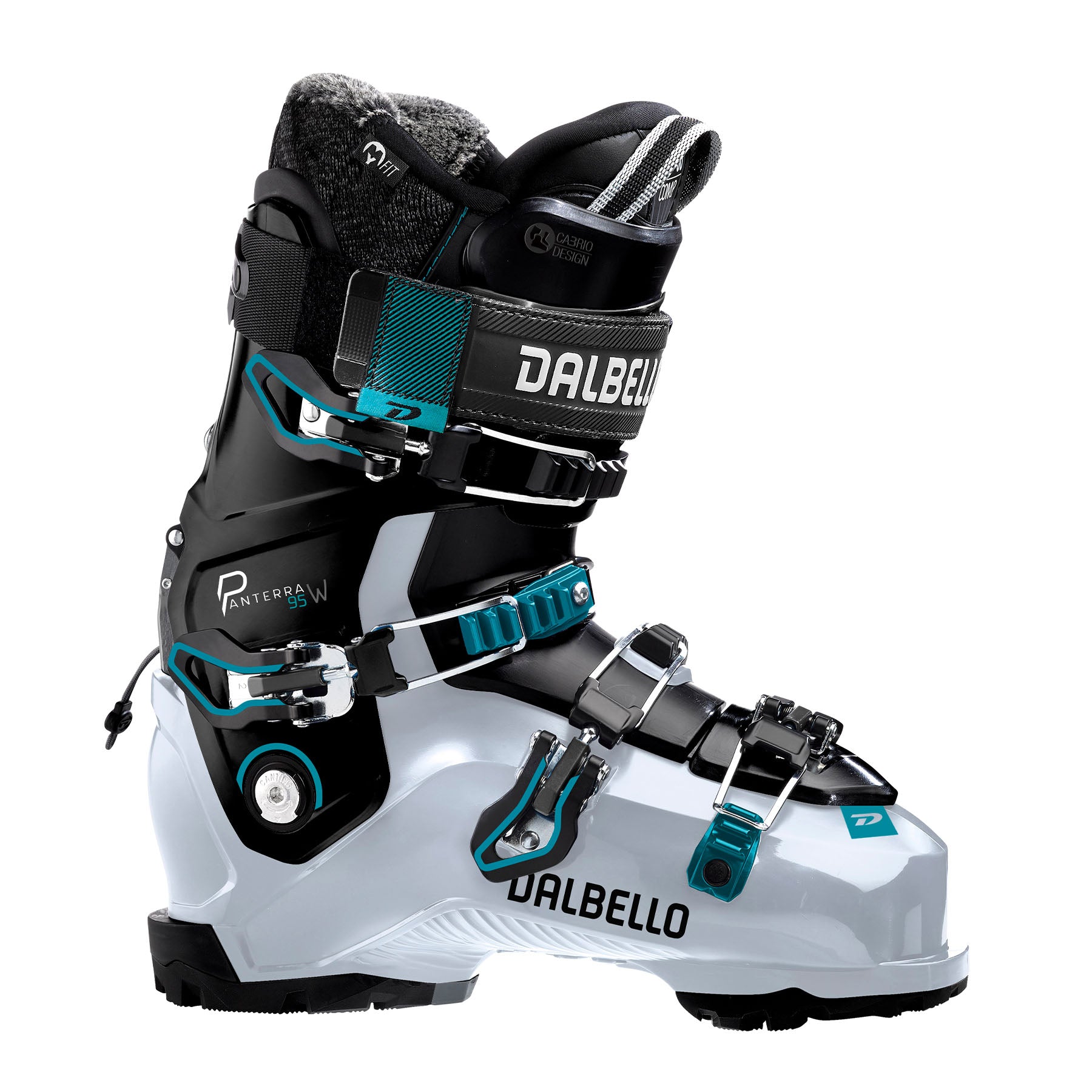 Hero image featuring a side angle shot of the Women's Panterra 95 ski boot in white and black and turquoise trim.