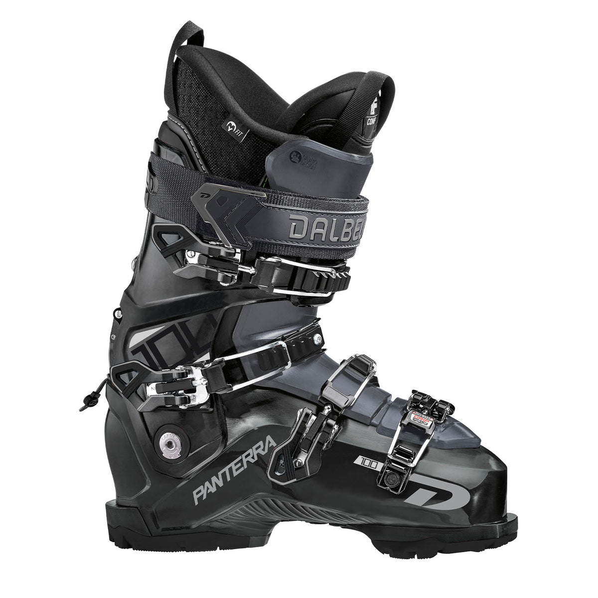 Hero image featuring a side angle shot of the Dalbello Panterra 100 ski boot in black with silver and grey trim.