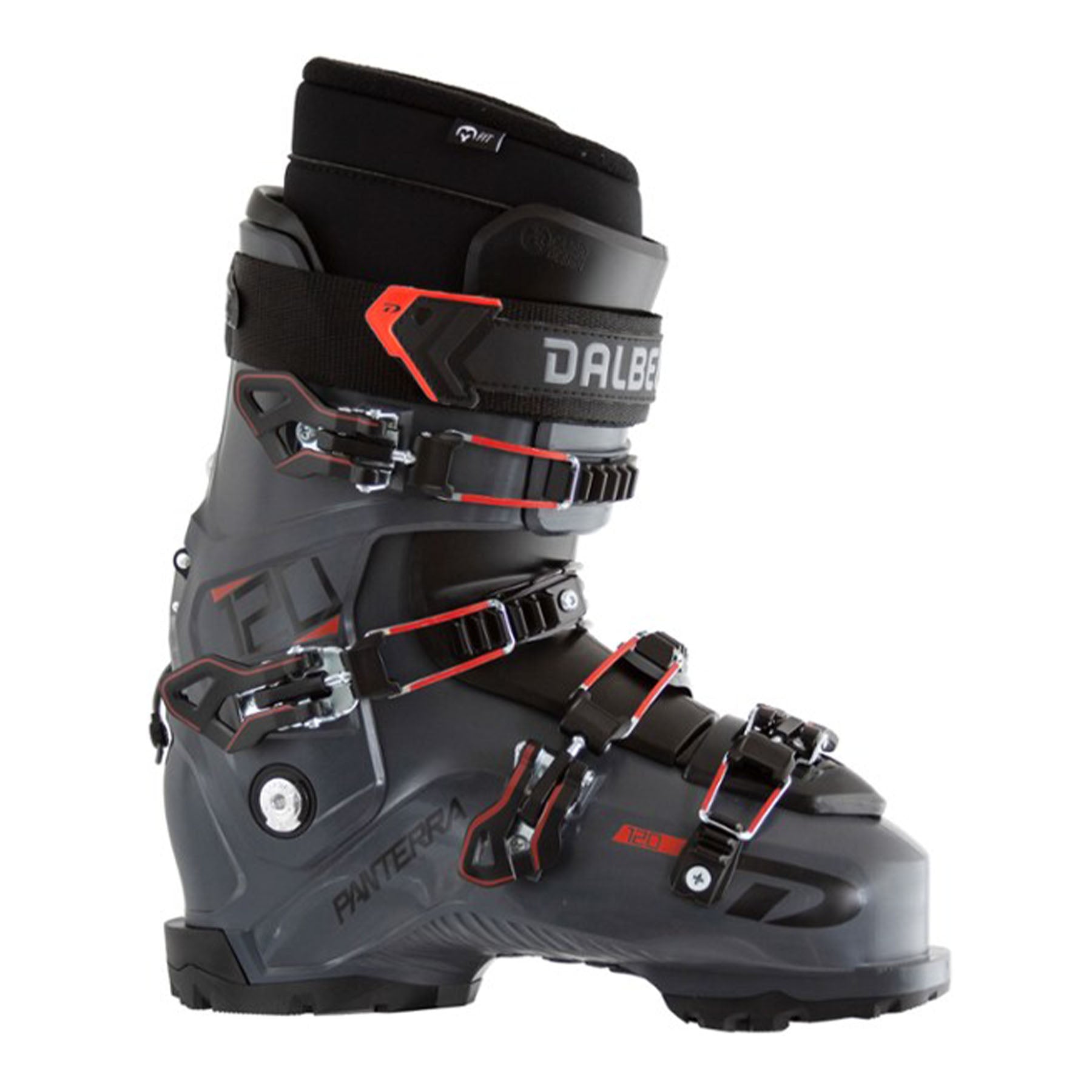 Hero image featuring a side angle shot of the Dalbello Panterra 120 GW ski boot in black with red trim.