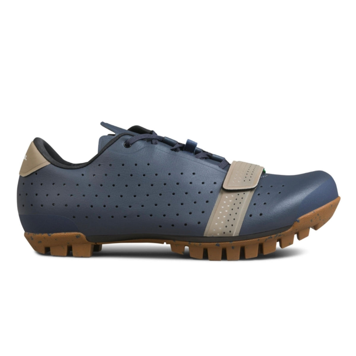 Hero image featuring a side angle shot of the Rapha Explore Shoe in Navy blue with light brown trim