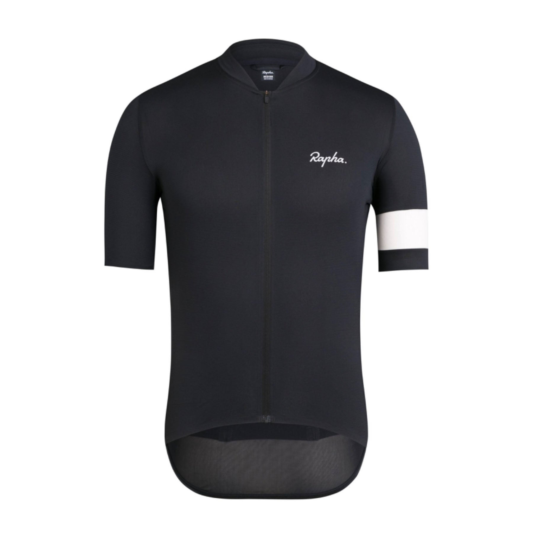Hero image featuring the front of the Rapha Men's Classic Flyweight jersey in black, with a white "rapha" logo on the left chest and a white armband on the left arm