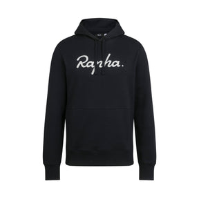 Hero image featuring the front of the Rapha Men's Pullover Hoodie in black with a white Rapha logo chain-stitched across the chest.