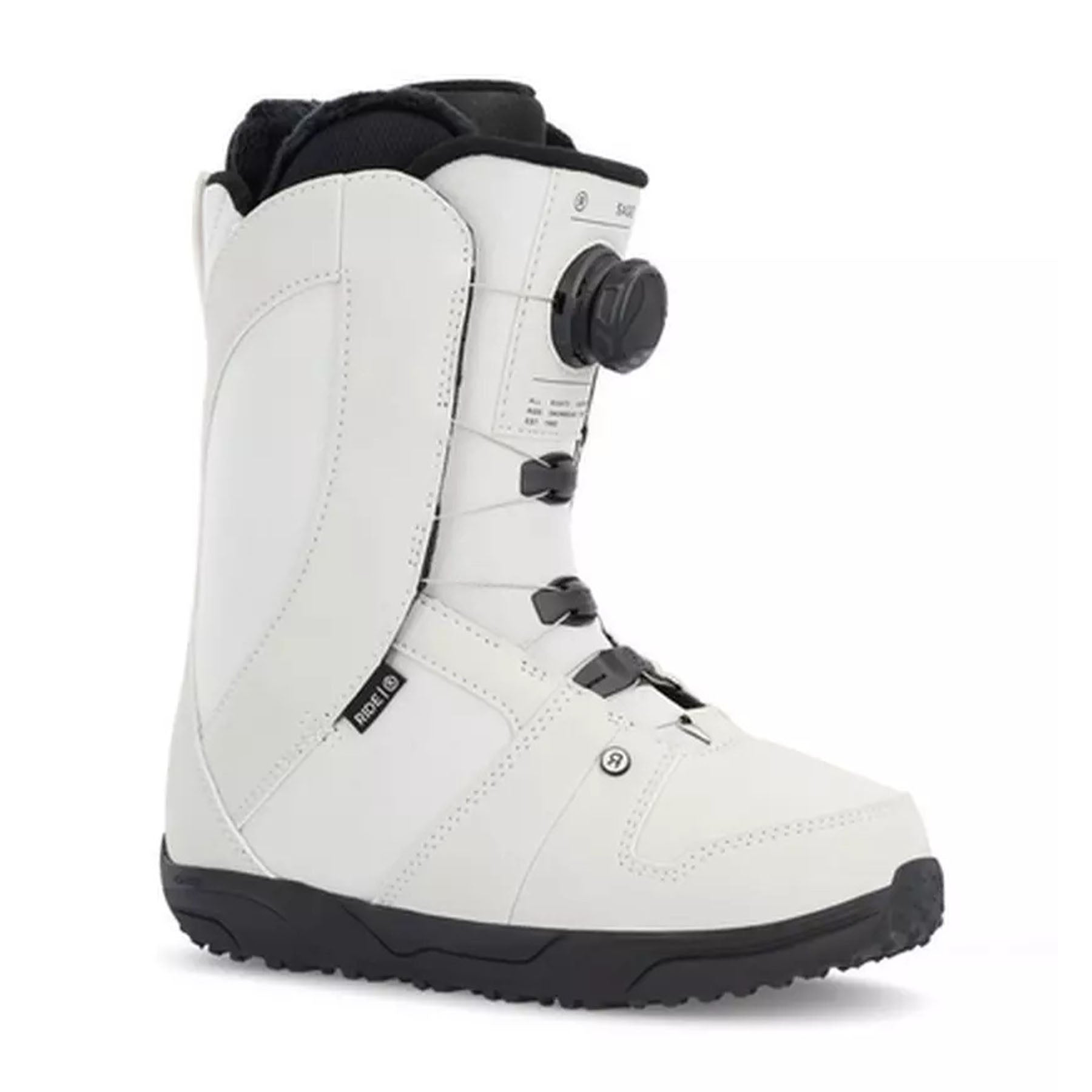 Image features the Ride Sage snowboard boot in grey with black trim and sole.