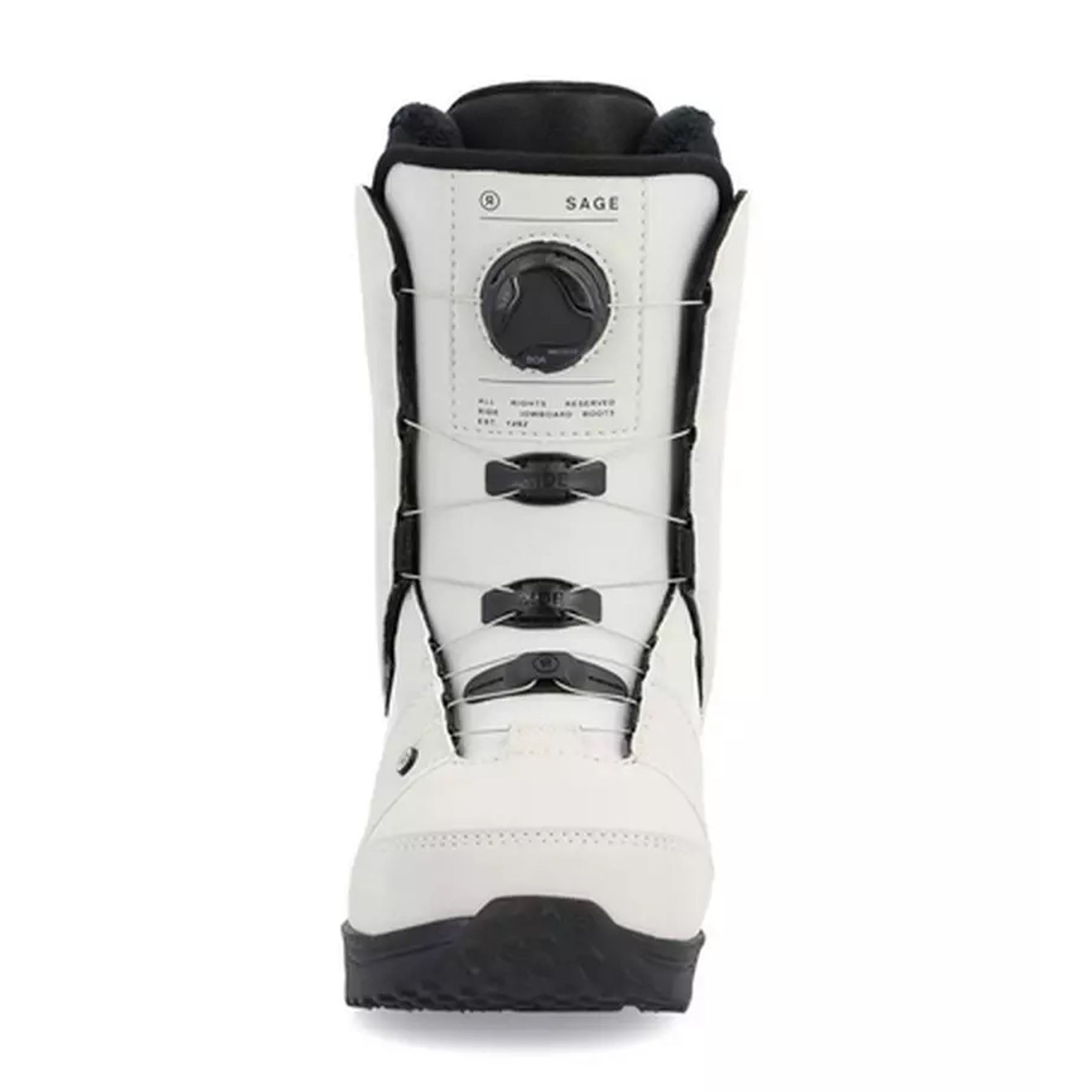 Image features the front of the Ride snowboard boot in grey with black trim and a black sole.