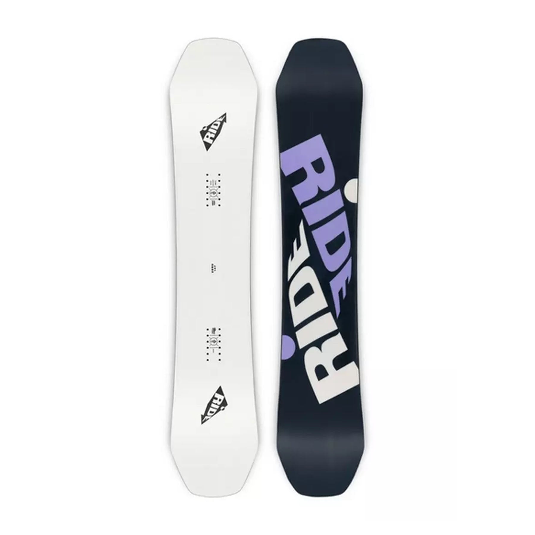 Hero image featuring the top of the Ride Zero snowboard in white with black trim and the bottom of the snowboard in black with white and purple Ride logos.