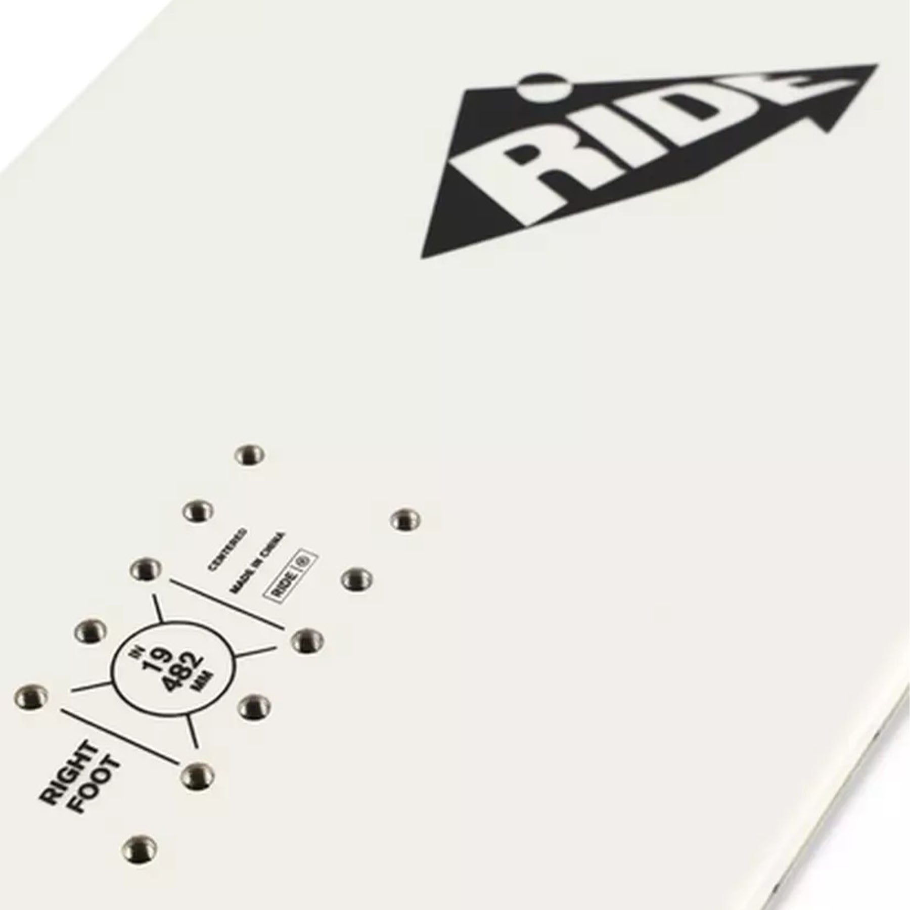 Image features the deck of the Ride Zero snowboard in white with sizing info printed in black as well as a white and black Ride logo.