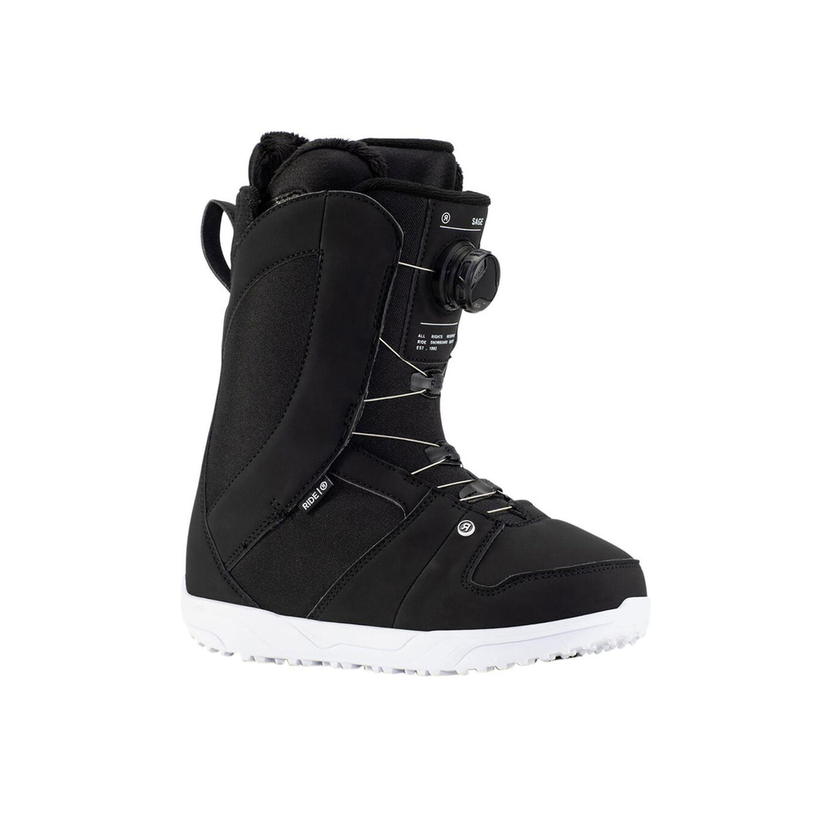 Hero image features the Ride Sage snowboard boot in black with a white sole and white laces.