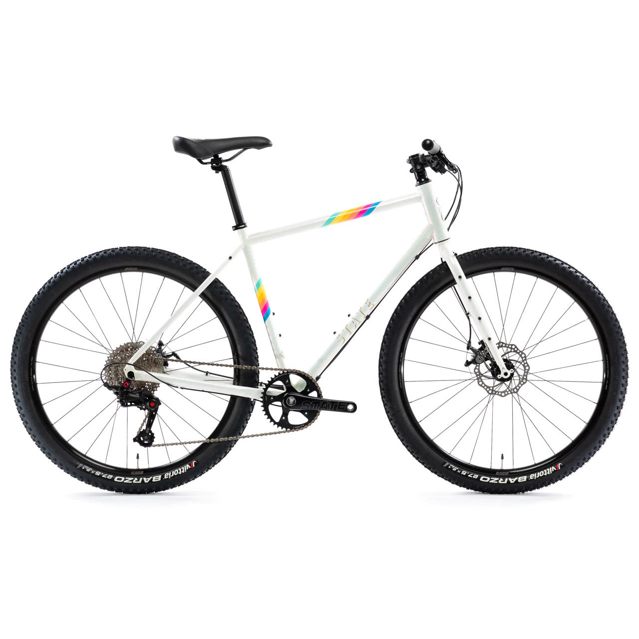 Hero image featuring the State 4130 All-Road bike in pearl white with colored stripes on the frame.
