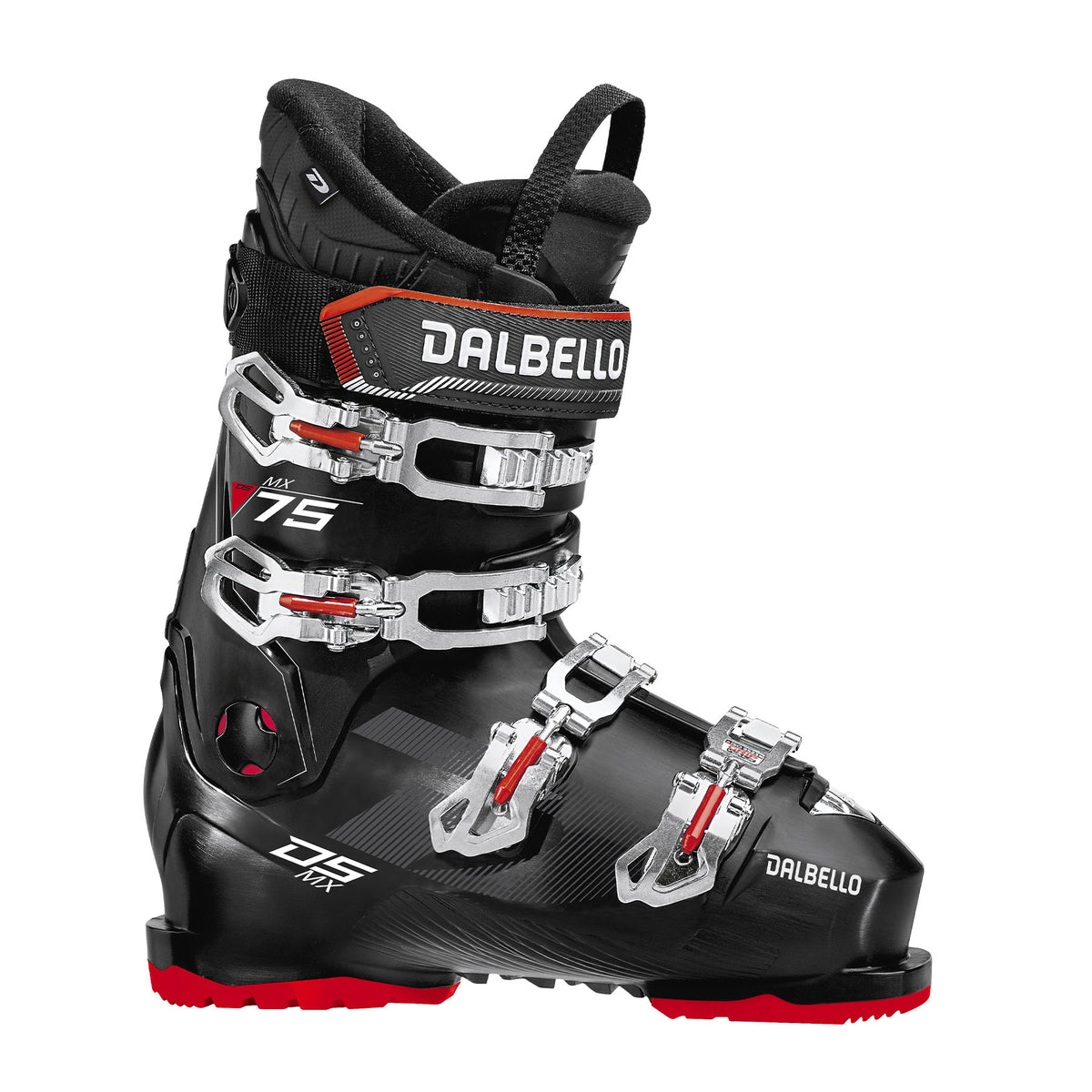 Hero image featuring the Dalbello DS MX 75 ski boot in black with silver buckles and red trim.